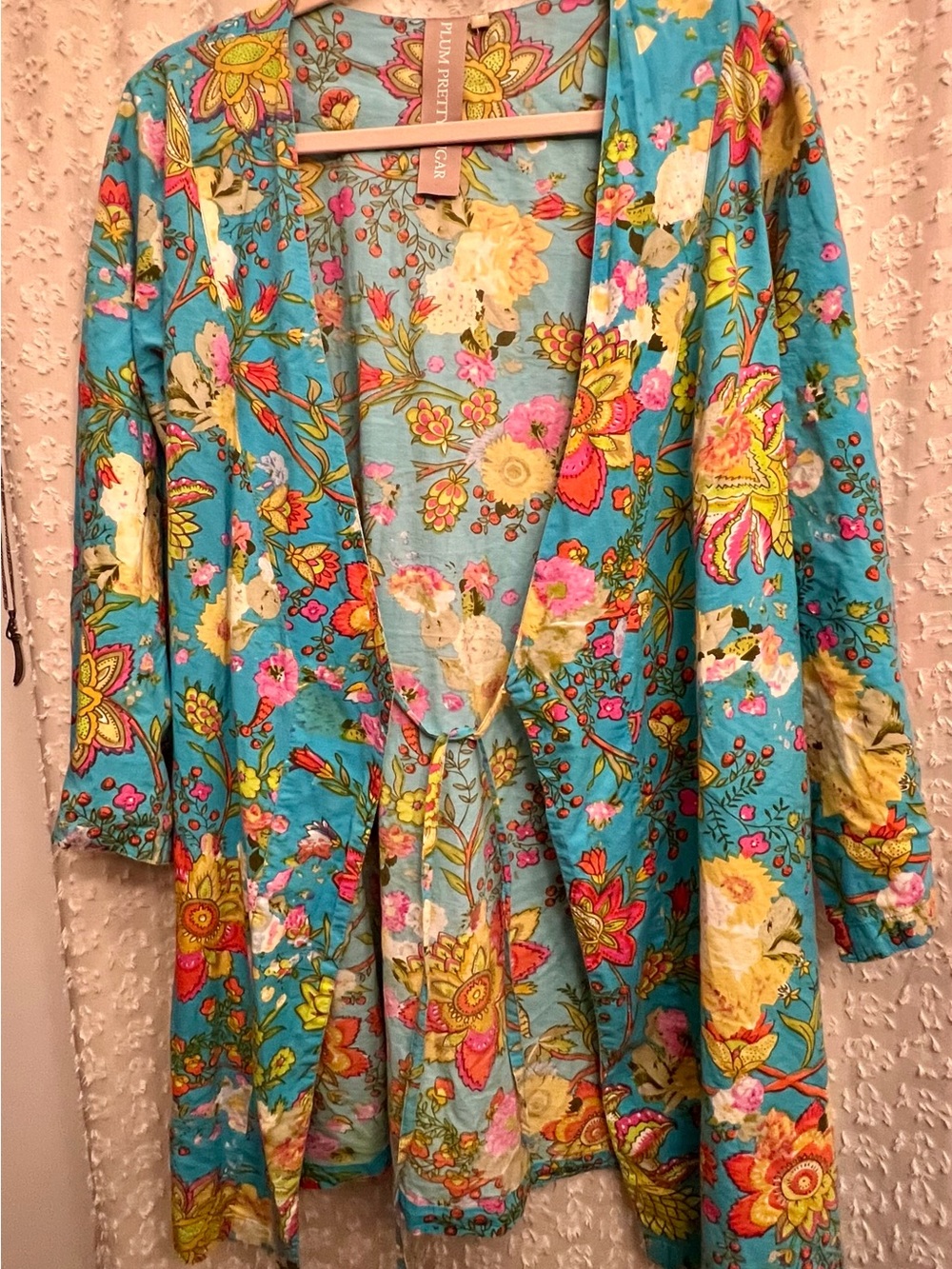 Plum Pretty Sugar Medium Blue Floral Kimono Wrap Robe Tie Waist Bell Sleeve